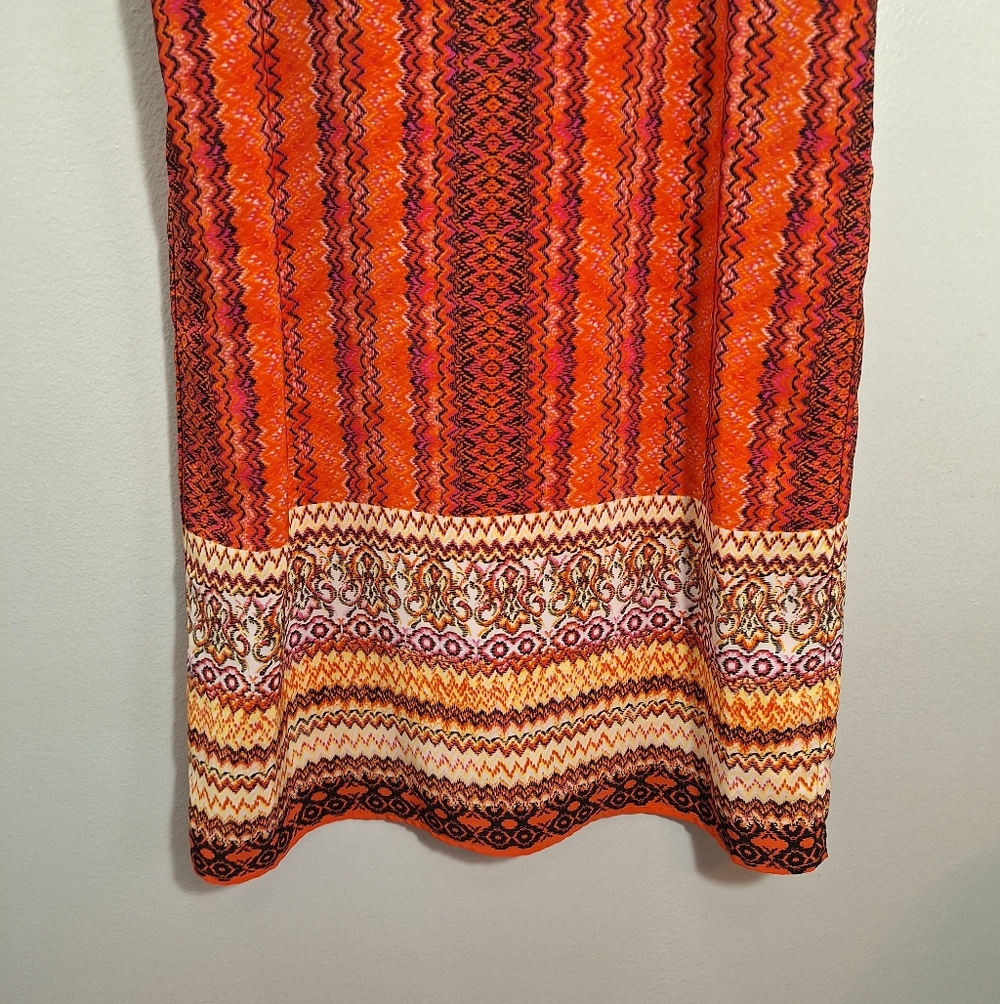Vintage Sleeveless Back Zip Mini Dress Orange Pink Hippie Boho Tribal Small USA - Picture 2 of 15